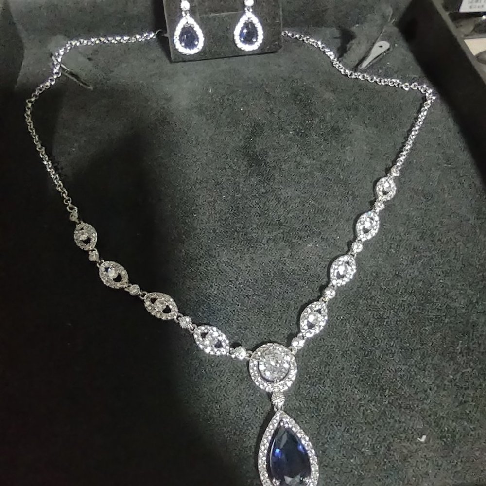 18K White Gold Plate 925 Sterling Lab Sapphire Necklace and Earring Set